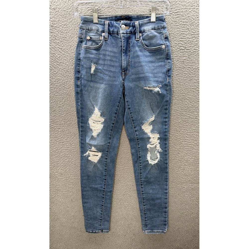 Aeropostale Jeans Womens 2 Blue High Rise Curvy Jegging Stretch Distressed Denim